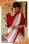 White and Red  Cotton Silk Saree