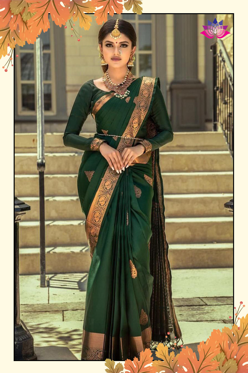 Buy Bottle Green Zariwork Semi Crepe Designer Saree - Koskii