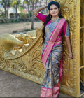 Grey Pink Color Jacquard Silk Saree