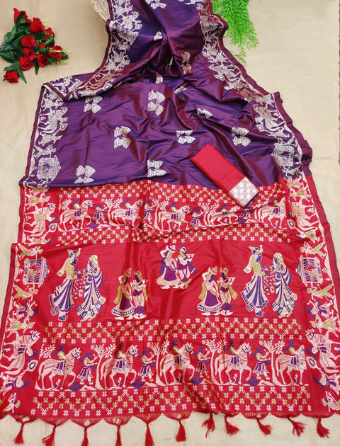 Gamboge Mustered And Purple Color Silk Saree