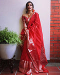 Red feather soft silk saree