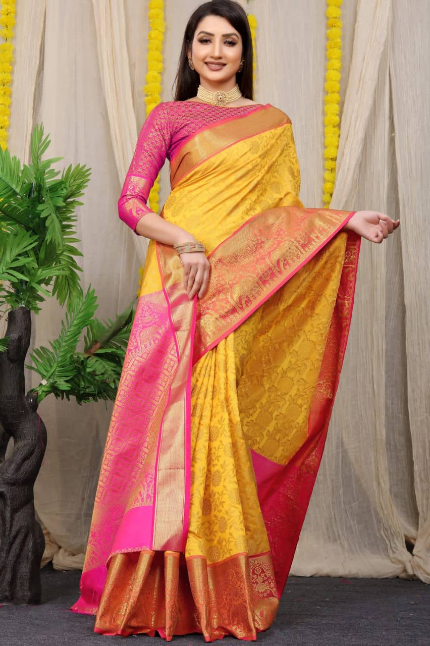 Lissome Yellow Soft Silk Saree with Panoply Blouse Piece – TULIP DESIGNER